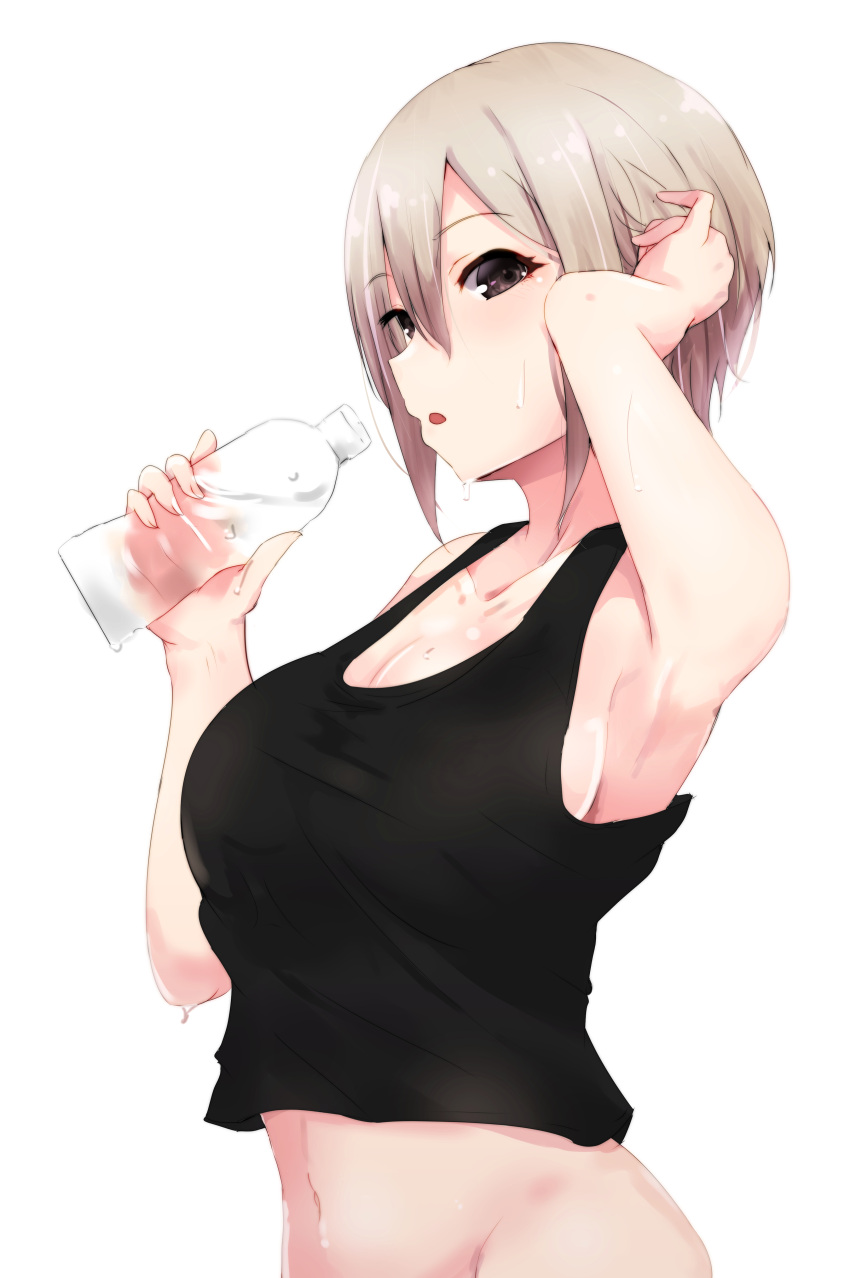 :o absurdres adjusting_hair arm_up armpits black_eyes black_tank_top blush bottle breasts cleavage collarbone commentary_request female from_side grey_hair hair_between_eyes hand_in_own_hair highres holding holding_bottle idolmaster idolmaster_cinderella_girls large_breasts looking_at_viewer navel no_panties open_mouth ryuu. shiomi_syuko short_hair sideboob sidelocks simple_background sleeveless solo sweat sweatdrop tank_top upper_body water_bottle white_background