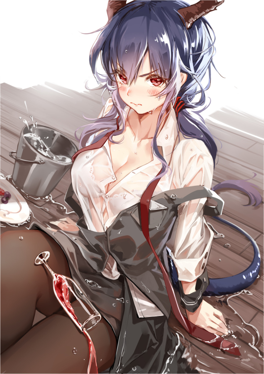 arknights black_pantyhose black_skirt black_vest blue_hair blush breasts bucket ch'en_(arknights) cleavage clouble collarbone commentary cup dragon_horns dragon_tail drinking_glass female hair_between_eyes highres horns long_hair long_sleeves looking_at_viewer medium_breasts pantyhose red_eyes shirt sitting skirt solo tail v-shaped_eyebrows vest water wet wet_clothes wet_shirt white_shirt wrist_cuffs