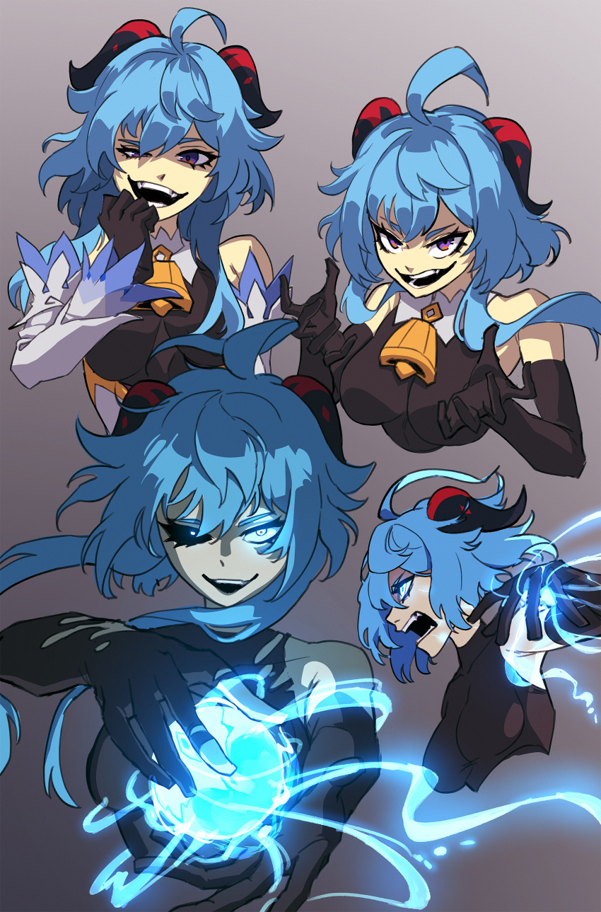 absurdres ahoge bare_shoulders bell black_gloves blue_hair breasts dark_persona detached_sleeves evil_smile female ganyu_(genshin_impact) genshin_impact gloves goat_horns highres horns lewdicy long_hair multiple_views neck_bell open_mouth purple_eyes sidelocks simple_background smile