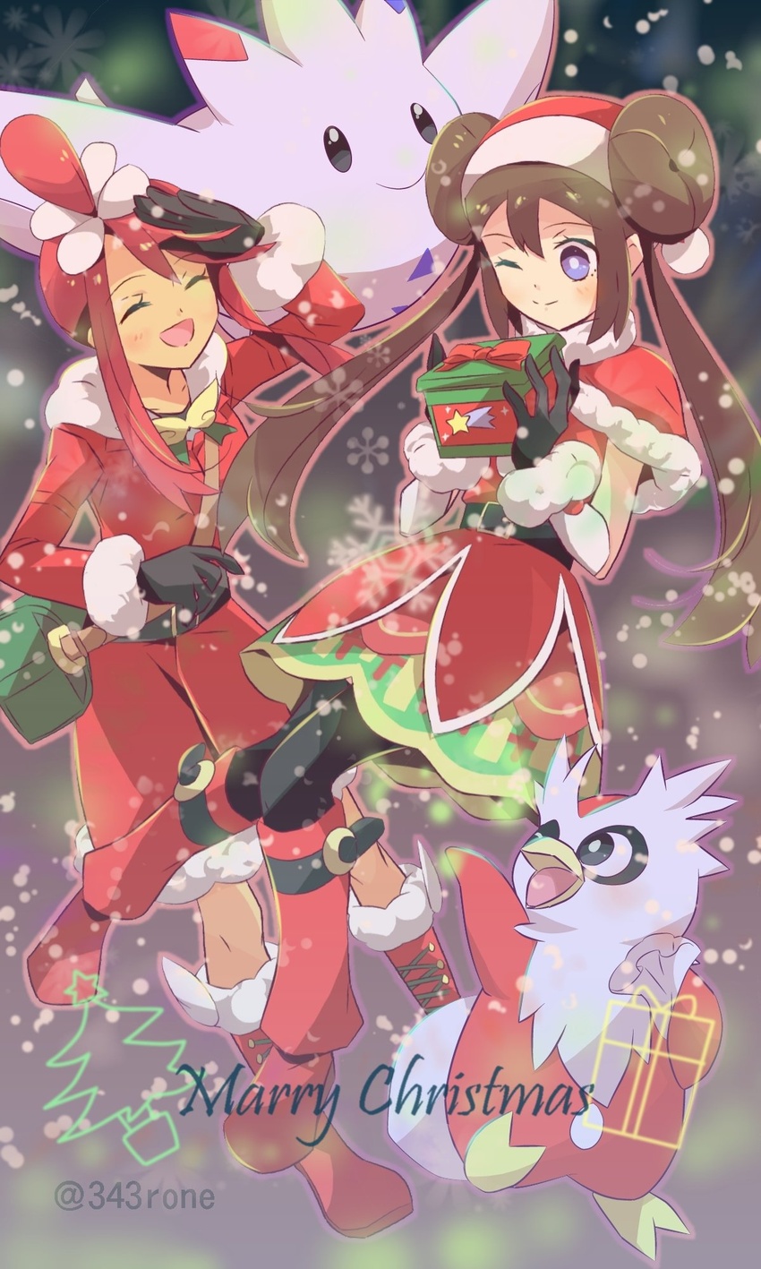 2girls 343rone ;) artist_name belt black_gloves black_socks boots brown_hair capelet christmas closed_mouth commentary delibird double_bun dress english_text engrish_text eyelashes fur-trimmed_capelet fur_trim gloves hair_bun hair_ornament hat highres knees knees_together_feet_apart long_hair merry_christmas multiple_girls official_alternate_costume one_eye_closed open_mouth pantyhose pokemon pokemon_(creature) pokemon_masters_ex purple_eyes ranguage red_capelet red_footwear red_hair red_headwear rosa_(holiday_2019)_(pokemon) rosa_(pokemon) santa_hat sidelocks skyla_(holiday_2020)_(pokemon) skyla_(pokemon) smile socks togekiss twintails typo watermark