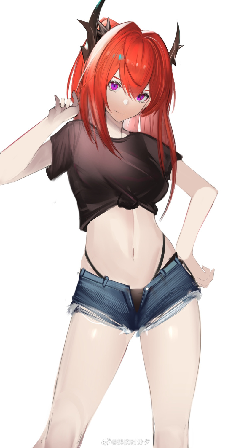 absurdres alternate_costume arknights black_panties black_shirt blue_shorts breasts closed_mouth crop_top cutoffs denim denim_shorts eugle_na female front-tie_top hand_on_own_hip hand_up highleg highleg_panties highres horns large_breasts long_hair looking_at_viewer micro_shorts midriff multi-strapped_panties navel open_fly panties ponytail purple_eyes red_hair shirt short_shorts short_sleeves shorts simple_background smile solo standing stomach string_panties surtr_(arknights) thighs tied_shirt underwear white_background