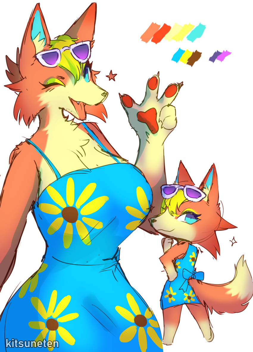 2020 5_fingers animal_crossing anthro audie_(animal_crossing) big_breasts blonde_hair blue_clothing blue_dress blue_eyes breasts canid canine canis chest_tuft clothed clothing dress ear_tuft female fingers fluffy fluffy_tail fur gesture hair hand_gesture hi_res huge_breasts kitsuneten looking_at_viewer mammal nintendo one_eye_closed open_mouth open_smile orange_body orange_fur pawpads simple_background smile snout solo sparkles standing tail tongue tongue_out tuft v_sign white_background wolf