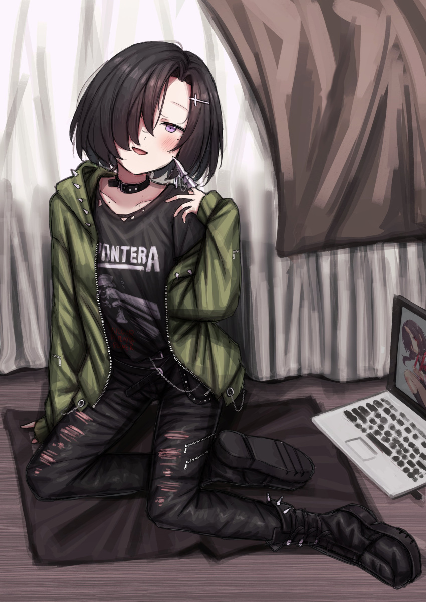 absurdres bad_id bad_twitter_id band_shirt belt_chain black_choker black_hair black_shirt boots choker claw_ring collarbone computer cross cross_hair_ornament denim female green_hoodie hair_ornament hand_on_floor heavy_metal highres hood hoodie inactive_account indoors jeans kurotama_rei laptop lobsteranian looking_at_viewer merchandise mole mole_on_collarbone mole_under_eye on_floor one_eye_covered open_clothes open_hoodie open_mouth original pantera_(band) pants punk purple_eyes shirt short_hair smile solo spiked_boots spiked_footwear spiked_hood torn_clothes torn_jeans torn_pants