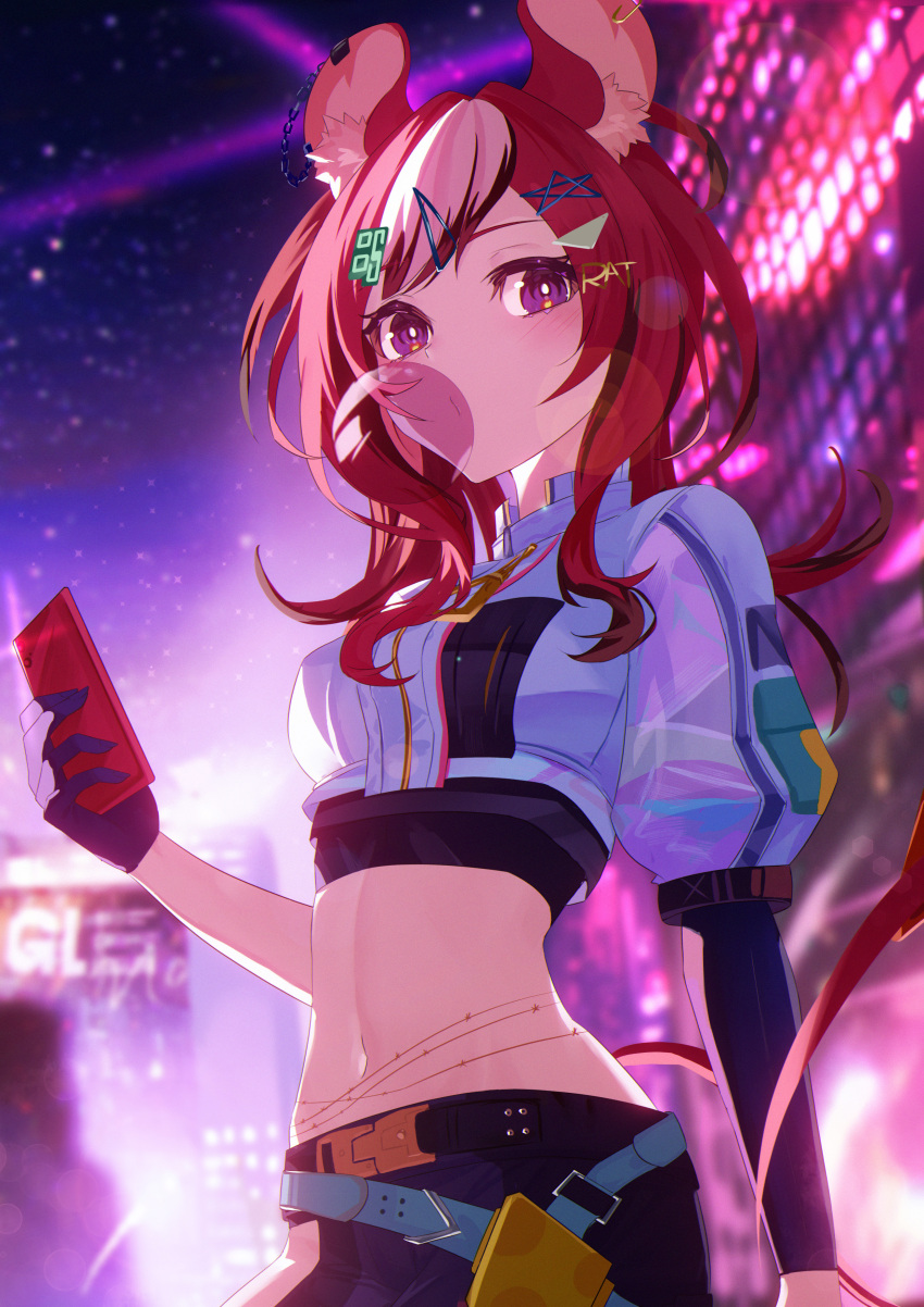 absurdres animal_ears blowing_bubbles blue_eyes building cellphone chewing_gum chinese_commentary commentary cropped_jacket female gloves hair_ornament hairclip hakos_baelz hakos_baelz_(casual) highres hololive hololive_english jiang_ye_kiri midriff mouse_ears mouse_tail navel night phone red_hair single_glove smartphone tail virtual_youtuber