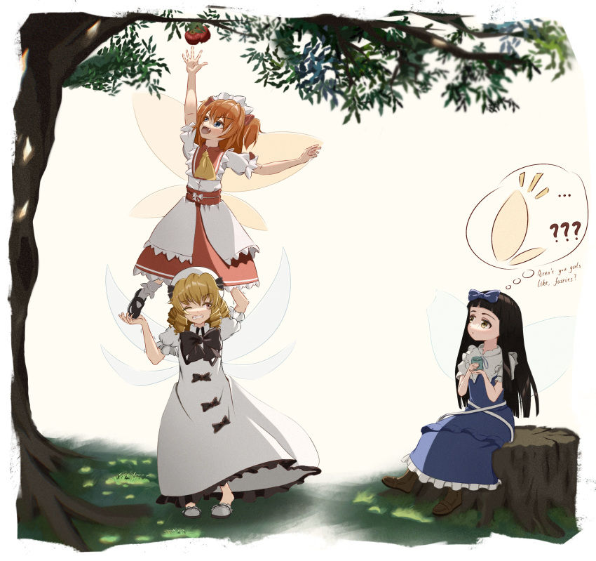 3girls ? apple apple_tree arm_up black_bow black_footwear black_hair blonde_hair blue_eyes bow branch brown_footwear dress english_text esthoric fairy_wings food fruit grass green_eyes highres leaf lifting_person luna_child multiple_girls orange_eyes orange_hair outstretched_arm red_dress shoes sitting sitting_on_tree_stump star_sapphire struggling sunny_milk thought_bubble touhou touhou_sangetsusei tree tree_shade tree_stump twintails white_dress white_footwear wings yellow_bow