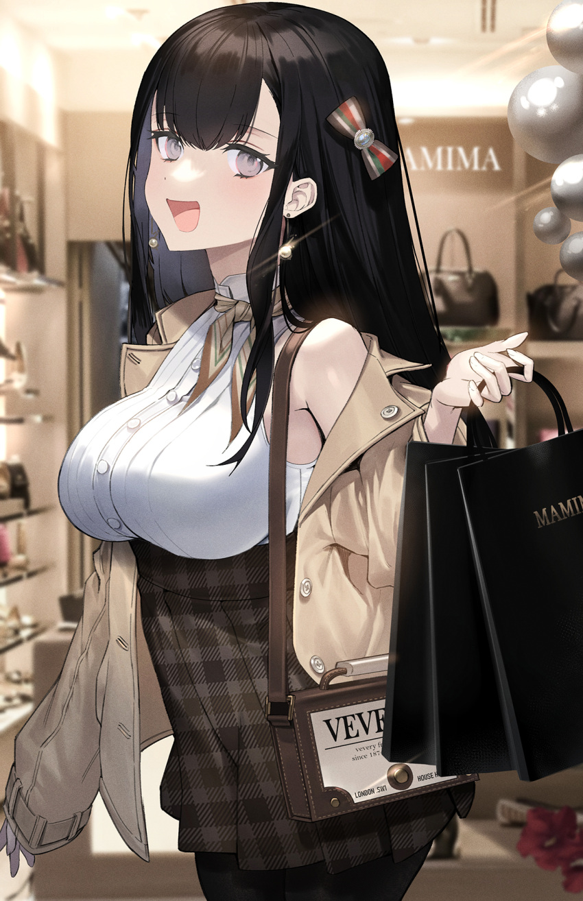 :d bag bare_shoulders black_hair black_pantyhose black_skirt breasts brown_jacket buttons commentary earrings female glint high-waist_skirt highres holding holding_bag indoors jacket jewelry large_breasts long_hair long_sleeves looking_at_viewer mamima off_shoulder open_clothes open_jacket open_mouth original pantyhose plaid plaid_skirt purple_eyes shirt shop shopping_bag shoulder_bag sidelocks skirt smile solo symbol-only_commentary unbuttoned underbust very_long_hair white_shirt