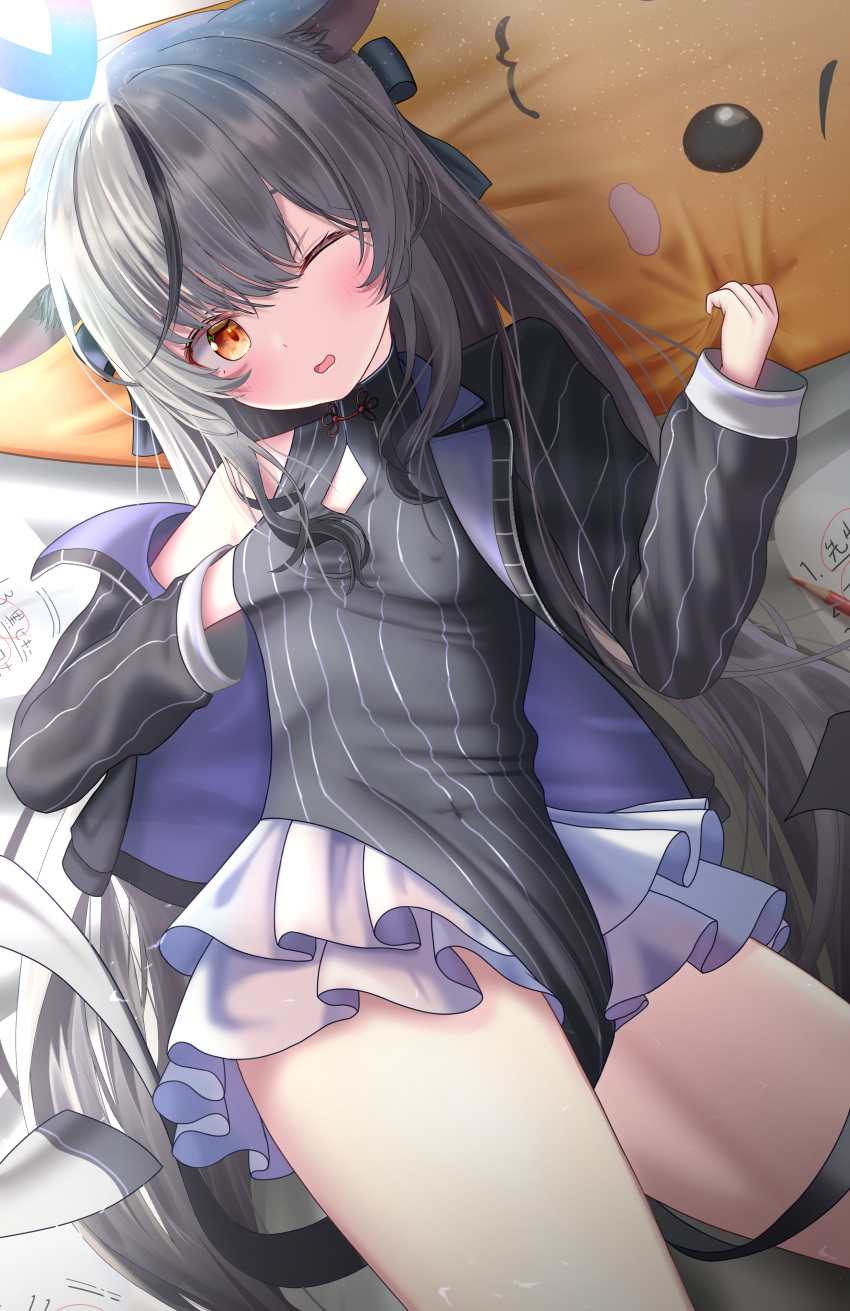 absurdres academic_test akirondo animal_ears black_dress blue_archive blush breast_hold breasts commentary covered_nipples dress female grey_hair hair_ornament halo hand_under_clothes hand_under_shirt highres jacket kokona_(blue_archive) long_hair looking_at_viewer multicolored_hair no_bra open_clothes open_jacket shirt solo streaked_hair striped_clothes striped_dress tiger_ears tiger_girl vertical-striped_clothes vertical-striped_dress