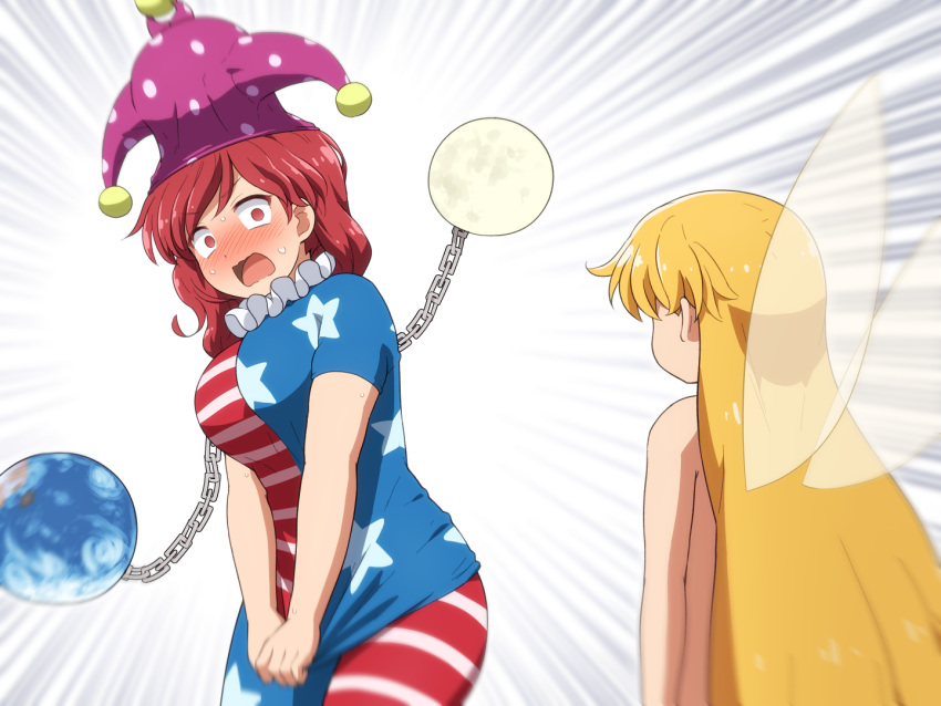 2girls american_flag american_flag_legwear bare_arms blonde_hair blush borrowed_clothes clownpiece clownpiece_(cosplay) commentary_request constricted_pupils cosplay earth_(ornament) embarrassed emphasis_lines fairy fairy_wings hat hecatia_lapislazuli jester_cap leggings long_hair looking_at_another moon_(ornament) multiple_girls neck_ruff nose_blush nude pantyhose polka_dot polka_dot_headwear print_pantyhose red_eyes red_hair shirosato shirt shirt_tug short_sleeves star_(symbol) star_print sweat t-shirt touhou undersized_clothes very_long_hair wide-eyed wings