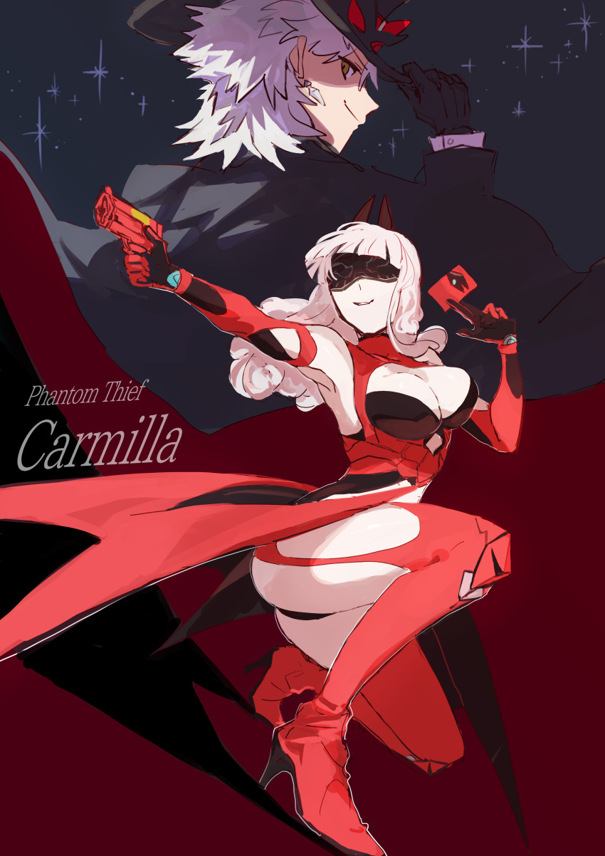 1boy absurdres amakusa_shirou_(fate) breasts cape card carmilla_(fate) carmilla_(swimsuit_rider)_(fate) character_name cleavage english_text fake_horns fate/grand_order fate_(series) female furirikkuru gloves gun hand_on_headwear hat high_heels highres horned_headwear horns large_breasts long_hair mask phantom_thief smile thighhighs top_hat weapon white_hair yellow_eyes