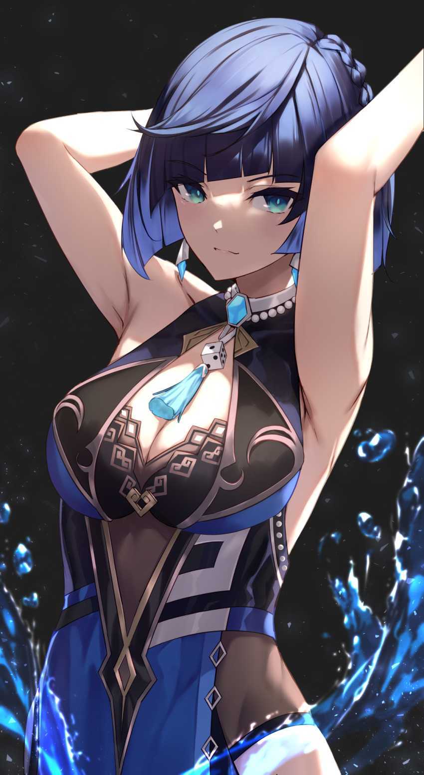 armpits arms_behind_head arms_up bare_shoulders black_hair blue_dress blue_hair blush bob_cut breasts cleavage cleavage_cutout clothing_cutout diagonal_bangs dice dress earrings female genshin_impact green_eyes highres jewelry large_breasts looking_at_viewer mole mole_on_breast multicolored_hair neck_ring reuri_(tjux4555) short_hair smile solo tassel two-tone_hair yelan_(genshin_impact)