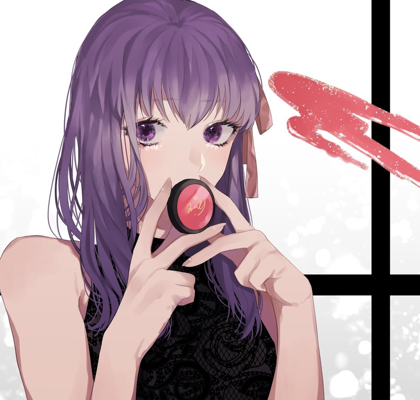 alternate_costume bad_id bad_twitter_id bare_arms bare_shoulders black_background black_dress commentary_request covering_own_mouth dress fate/stay_night fate_(series) female floral_print hair_ribbon highres holding long_hair looking_at_viewer makeup matou_sakura print_dress purple_eyes purple_hair ribbon shimatori_(sanyyyy) solo upper_body white_background