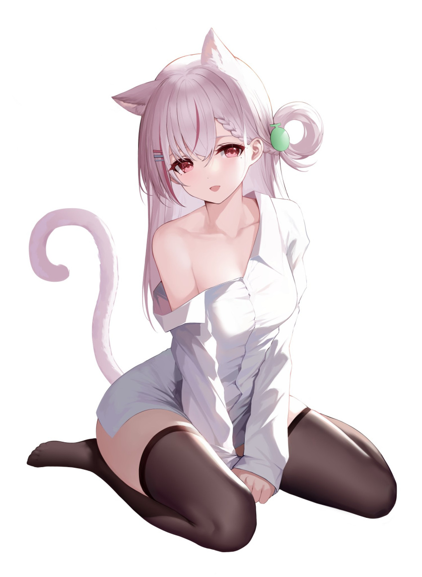 an_yasuri animal_ear_fluff animal_ears arm_support ass_visible_through_thighs bangs banned_artist bare_shoulders blush braid breasts brown_legwear cat_ears cat_girl cat_tail collarbone female hair_between_eyes hair_ornament hairclip highres light_purple_hair long_hair long_sleeves looking_at_viewer medium_breasts mole mole_under_eye multicolored_hair off_shoulder open_mouth original red_eyes red_hair seiza shirt simple_background sitting smile solo tail tail_raised thighhighs toes white_background white_shirt