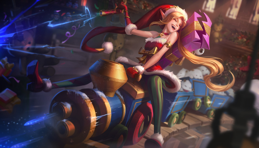 :d ambitious_elf_jinx bad_source bare_shoulders blonde_hair blurry box closed_eyes commentary depth_of_field doll dress dutch_angle english_commentary eyeball female fur_trim gift gift_box gloves gun handgun highres indoors jem_flores jinx_(league_of_legends) league_of_legends long_hair long_pointy_ears mittens open_mouth pantyhose pointy_ears red_dress red_footwear red_gloves riding shelf smile solo strapless strapless_dress striped_clothes striped_pantyhose stuffed_animal stuffed_toy teddy_bear train vertical-striped_clothes vertical-striped_pantyhose very_long_hair weapon window