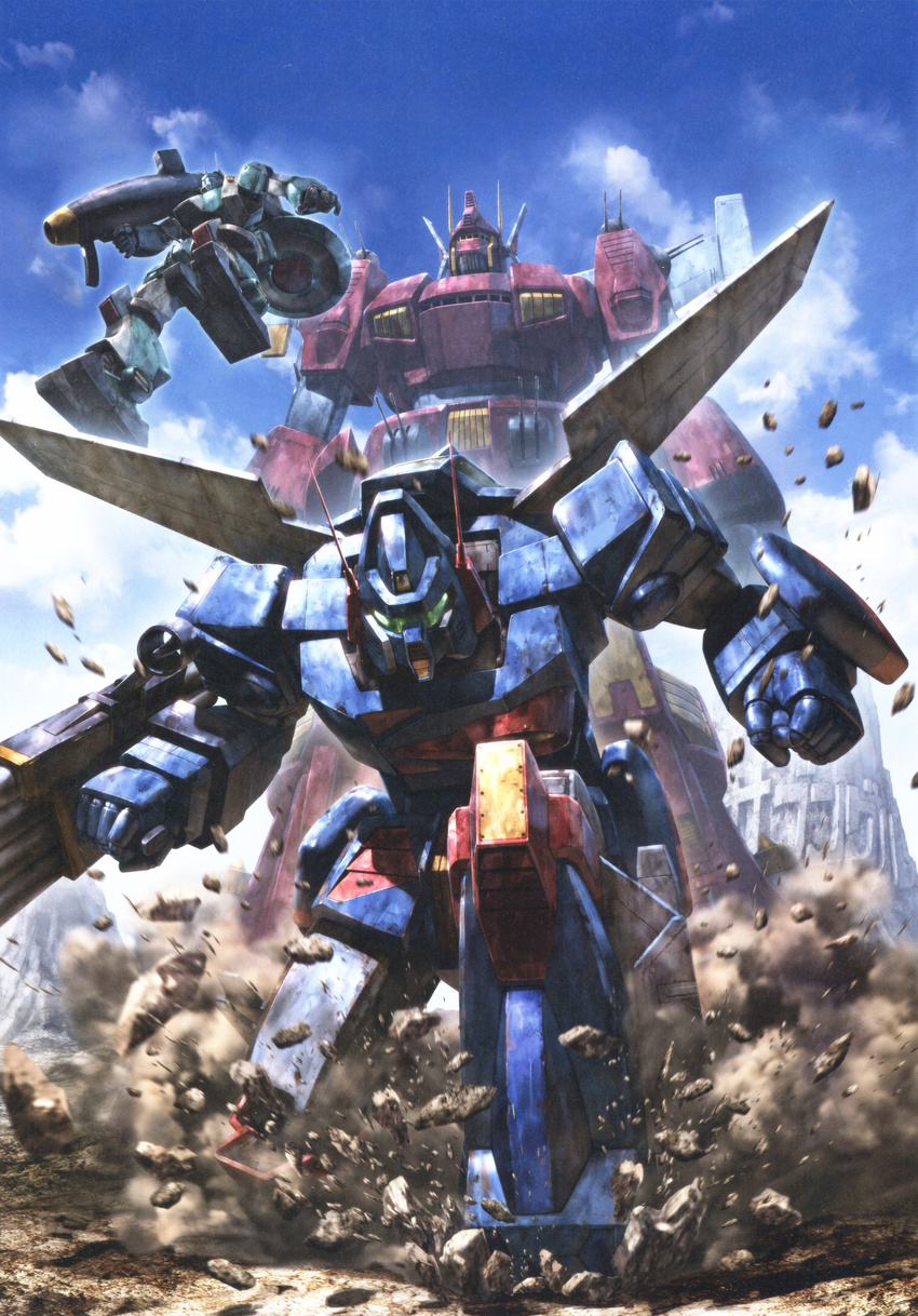 absurdres arm_cannon artbook assault_visor cloud debris desert dirty dust dust_cloud green_visor highres iron_gear landship light_particles logo mecha mecha_focus morishita_naochika no_humans outdoors realistic redesign robot rock rocket_launcher scan science_fiction sentou_mecha_xabungle sky walker_gallia weapon xabungle_(mecha)