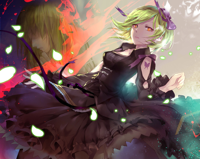 bow gabu.c green_hair orange_eyes petals ribbons sheri short_hair skirt tattoo unlight