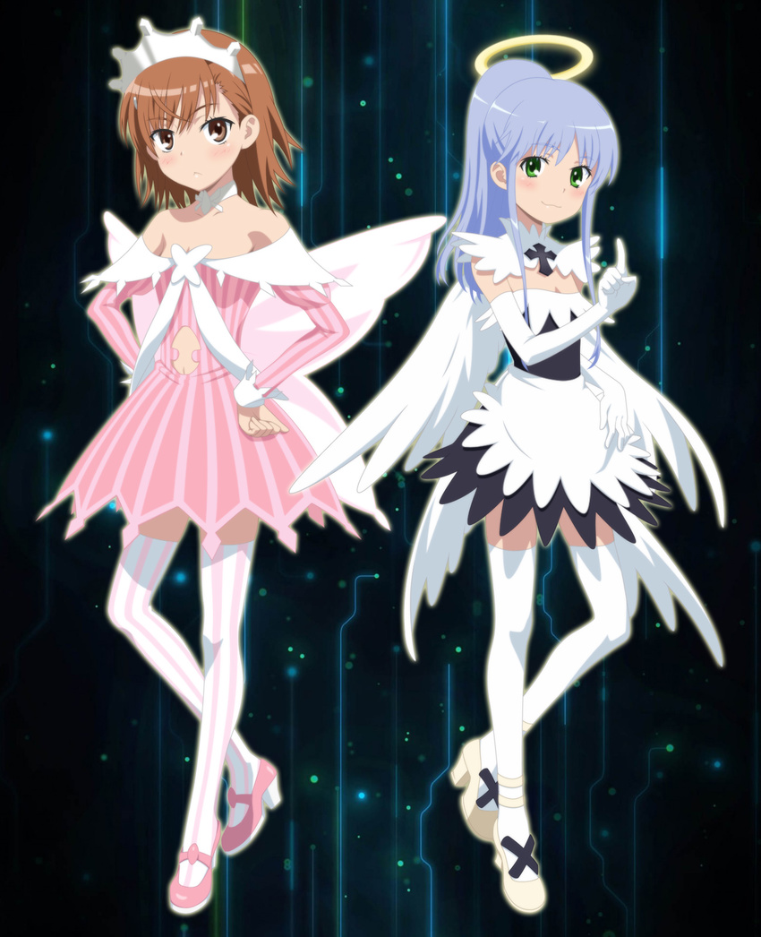 2girls :3 alternate_hairstyle angel blush brown_eyes brown_hair commentary_request elbow_gloves fake_halo fallen_angel_ero_maid_costume gloves great_spirit_revealing_maid_costume green_eyes halo highres index_(toaru_majutsu_no_index) legs long_hair long_legs magic_circle maid medium_hair misaka_mikoto multiple_girls pointing ponytail smile smile_(rz) striped_clothes striped_thighhighs thighhighs toaru_kagaku_no_railgun toaru_majutsu_no_index traditional_halo vertical-striped_clothes vertical-striped_thighhighs white_thighhighs wings yellow_halo