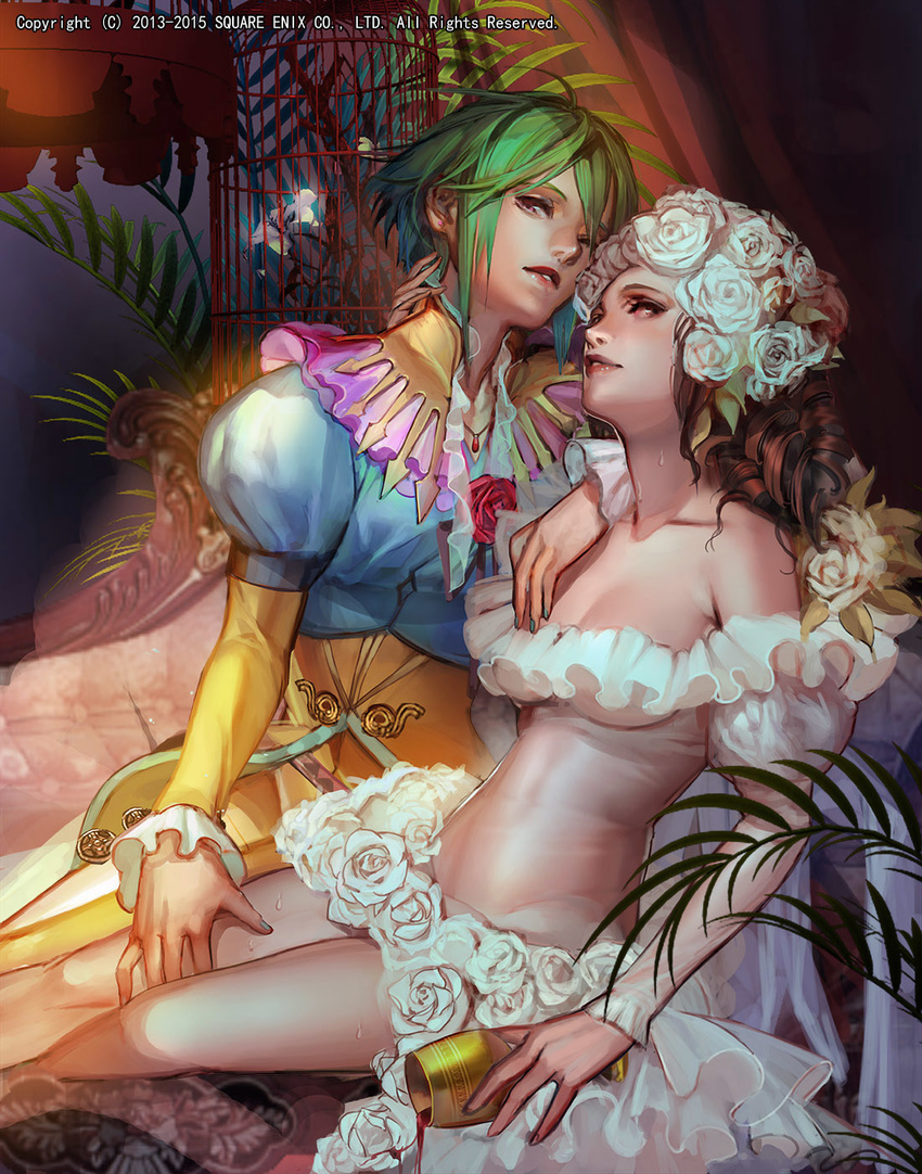 2girls asellus_(saga_frontier) birdcage brown_eyes brown_hair cage chalice commentary_request cup dress emperors_saga fern flower green_hair hair_flower hair_ornament highres indoors jewelry juliet_sleeves liduke light_smile lipstick long_hair long_sleeves looking_at_viewer makeup multiple_girls necklace official_art parted_lips photoshop_(medium) princess_white_rose puffy_short_sleeves puffy_sleeves purple_eyes red_lips rose saga saga_frontier short_dress short_hair short_sleeves sitting smile vampire watermark white_flower white_rose yuri