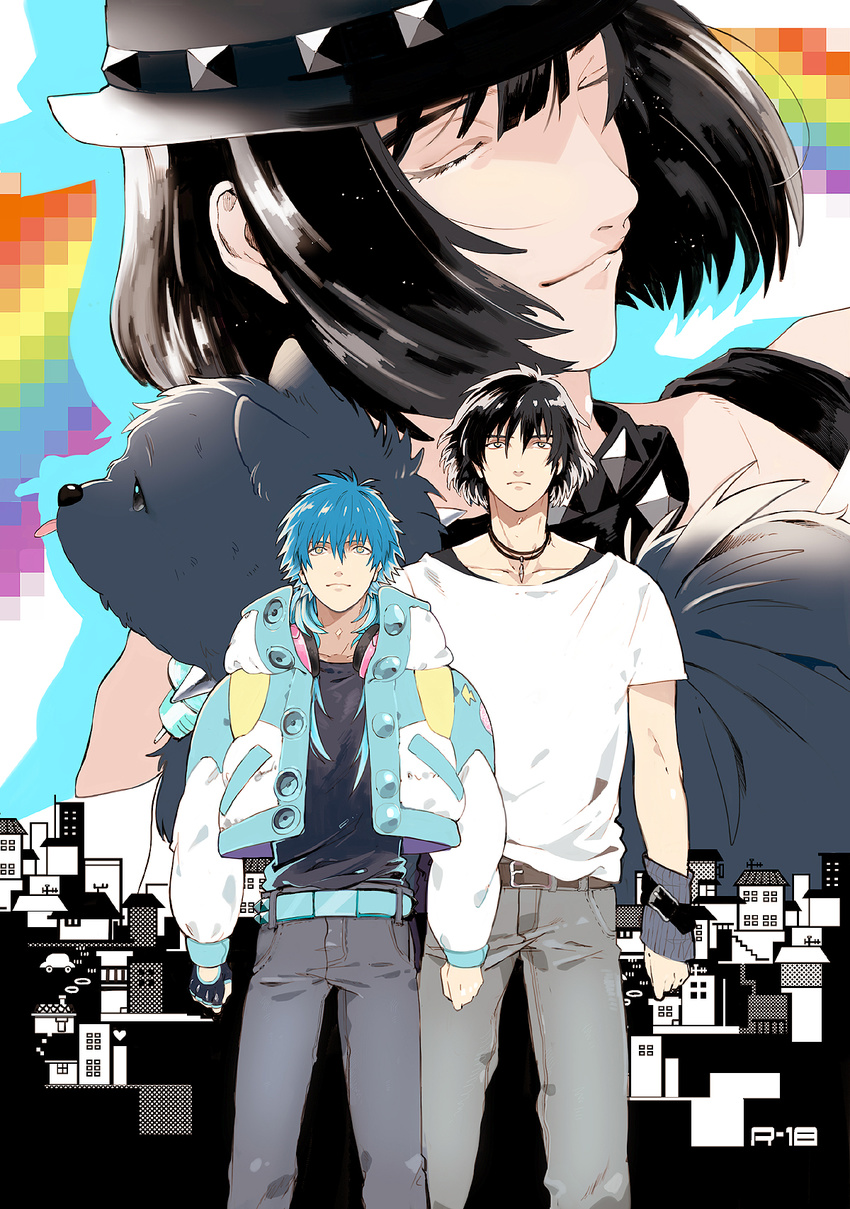 3boys bad_id bad_pixiv_id black_hair blue_hair canine closed_eyes dramatical_murder dual_persona hat headphones headphones_around_neck highres jacket male_focus multiple_boys photoshop_(medium) ren_(dramatical_murder) sei_(dramatical_murder) seragaki_aoba zukeban