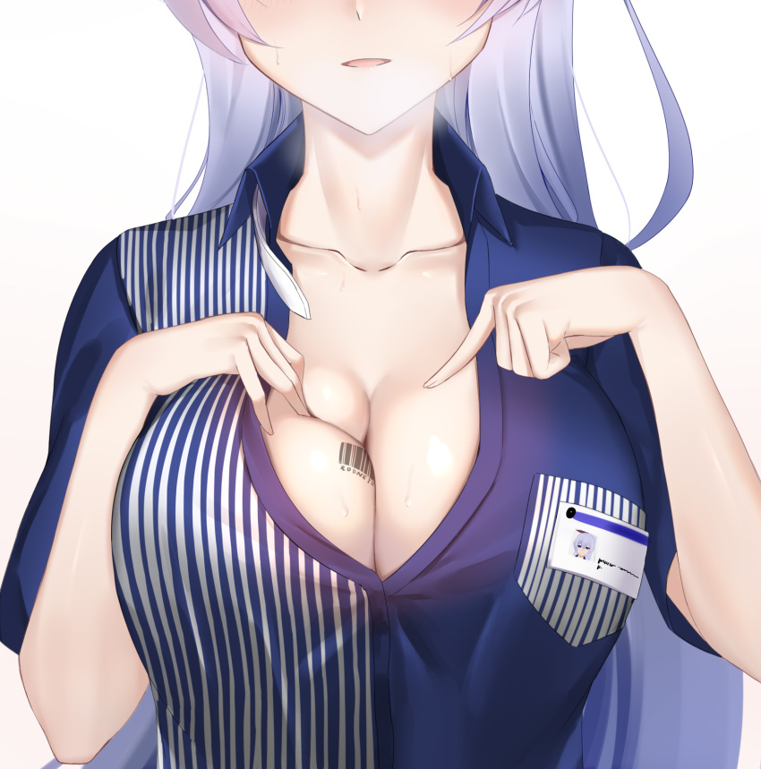 azur_lane barcode barcode_tattoo blue_shirt blush breasts character_name cleavage collarbone employee_uniform eternity_(shadeh) female gradient_background hand_on_own_chest highres large_breasts lawson light_purple_hair long_hair name_tag official_alternate_costume open_mouth pointing pointing_at_self rodney_(azur_lane) rodney_(one_day_as_a_trainee_clerk)_(azur_lane) shirt simple_background smile solo sweat tattoo uniform upper_body very_long_hair