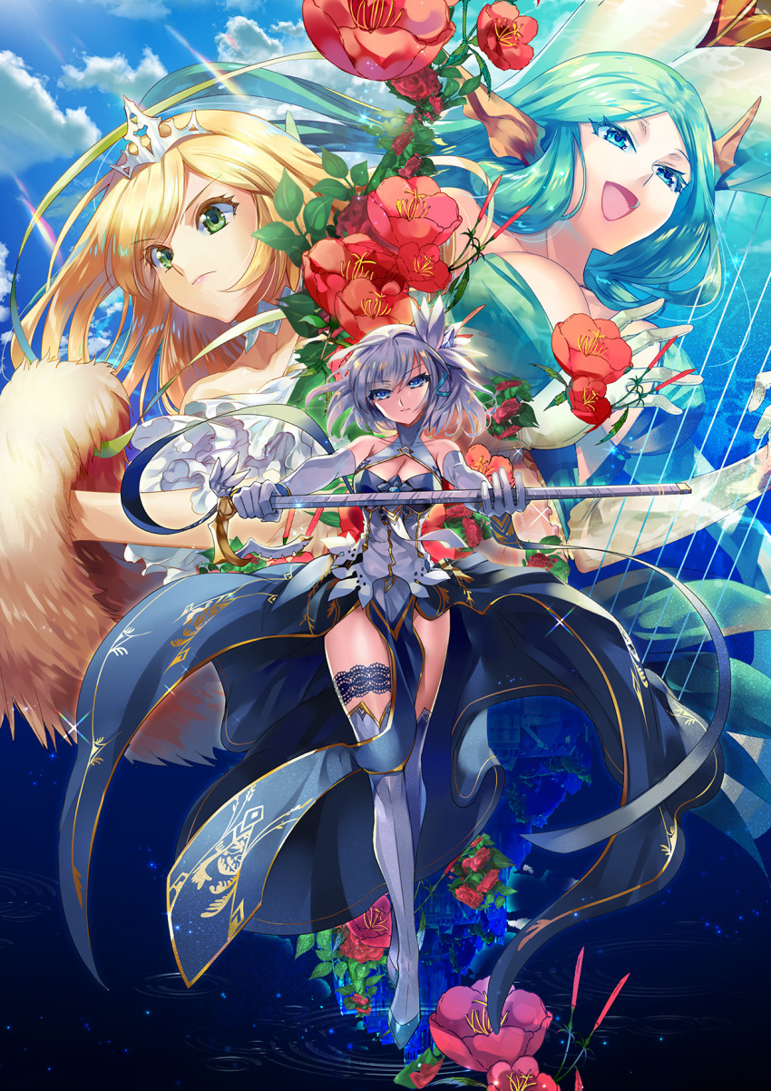 3girls :d :| angelia_carlos bare_shoulders blonde_hair blue_eyes blue_hair blue_sky breasts cane castle closed_mouth cloud commentary_request crown cu-rim flower frown fur gloves green_eyes grey_gloves grey_legwear hair_ribbon hestia_(sdorica) hibiscus highres holding holding_cane horns large_breasts long_hair medium_breasts multiple_girls open_mouth photoshop_(medium) ribbon sdorica sione_aldric sky smile standing thigh_strap upside-down white_gloves