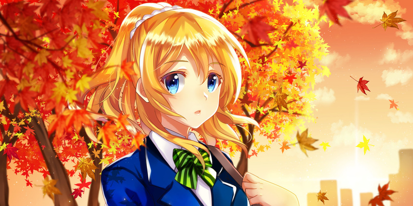 autumn ayase_eri blonde_hair blue_eyes bow leaves love_live!_school_idol_project ponytail seifuku short_hair tree zonana