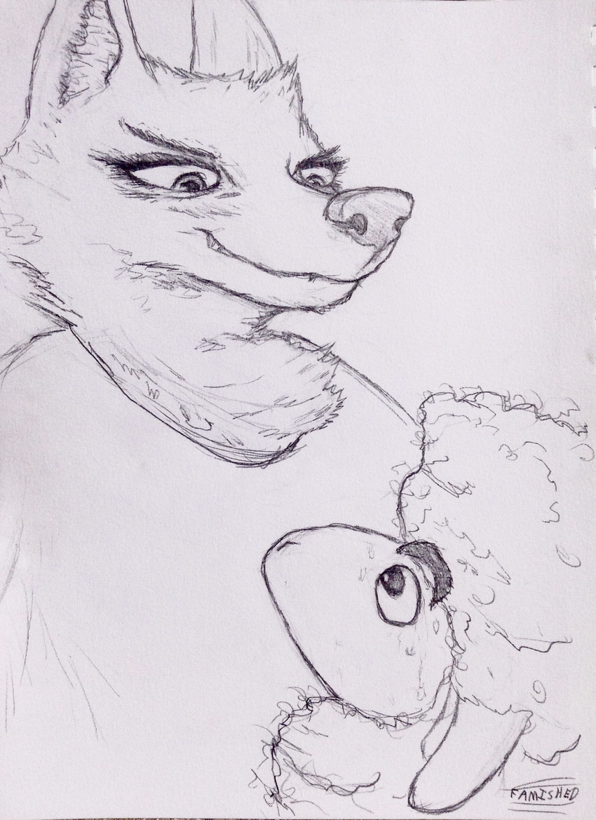 absurd_res anthro betty_(weaver) bovid canid canine canis caprine clothed clothing disney domestic_sheep duo famished_(artist) female fur grin hi_res looking_down looking_up male mammal pack_street remmy_cormo sheep signature size_difference smile text traditional_media_(artwork) wolf wool_(fur) zootopia