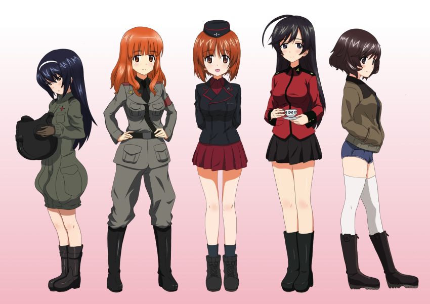 5girls ahoge akiyama_yukari anchovy_(girls_und_panzer) anchovy_(girls_und_panzer)_(cosplay) ankle_boots anzio_military_uniform arms_behind_back bad_id bad_pixiv_id belt black_belt black_eyes black_footwear black_hair black_hat black_jacket black_necktie black_shirt black_skirt black_socks blue_shorts blunt_bangs boots brown_eyes brown_hair brown_jacket closed_mouth commentary cosplay cup cutoffs darjeeling_(girls_und_panzer) denim denim_shorts dress_shirt emblem epaulettes flatfield from_side garrison_cap girls_und_panzer gradient_background green_jumpsuit grey_jacket grey_pants hairband hands_in_pockets hands_on_own_hips hat head_tilt helmet highres holding holding_cup holding_helmet isuzu_hana jacket jumpsuit katyusha_(girls_und_panzer) katyusha_(girls_und_panzer)_(cosplay) kay_(girls_und_panzer) kay_(girls_und_panzer)_(cosplay) knee_boots kuromorimine_military_uniform light_frown light_smile long_hair long_sleeves looking_at_viewer messy_hair military military_hat military_uniform miniskirt multiple_girls necktie nishizumi_miho open_mouth orange_eyes orange_hair pants parted_lips pink_background pleated_skirt pravda_military_uniform red_jacket red_shirt red_skirt reizei_mako sam_browne_belt saucer saunders_military_uniform shirt short_hair short_jumpsuit short_shorts shorts skirt smile socks st._gloriana's_military_uniform standing takebe_saori tank_helmet teacup thighhighs uniform white_hairband white_legwear zipper