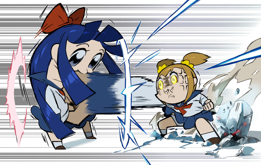 2girls :3 anger_vein blue_eyes blue_hair blunt_bangs bow clenched_hands constricted_pupils ei_ei_okotta? giant_fist hairbow highres long_hair multiple_girls orange_hair pipimi poptepipic popuko protected_link punching red_bow rock school_uniform serafuku short_twintails simple_background smile tokiya twintails white_background yellow_eyes