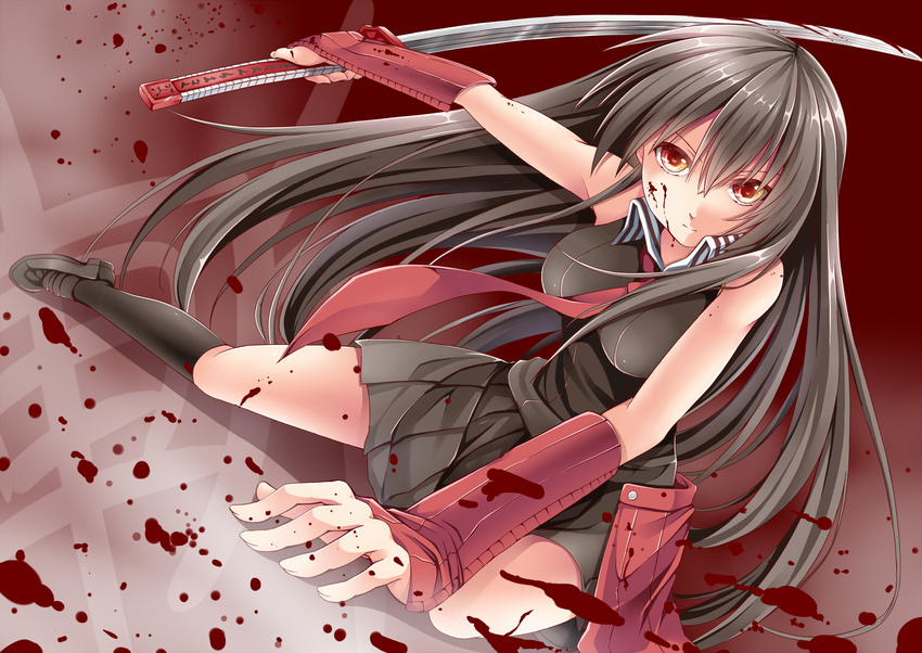 akame akame_ga_kill! black_hair blood creek_(moon-sky) katana kneehighs long_hair red_eyes skirt sword tie weapon