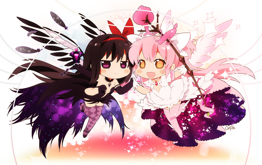 2girls akemi_homura akuma_homura chibi dress headband kaname_madoka long_hair mahou_shoujo_madoka_magica neko_sakana staff thighhighs ultimate_madoka wings