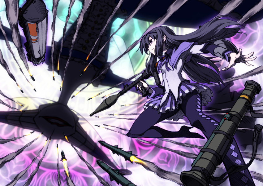 akemi_homura akemi_homura_(magical_girl) at4 battle black_eyes black_hair commentary_request female gun hairband high_heels long_hair magical_girl mahou_shoujo_madoka_magica mahou_shoujo_madoka_magica_(anime) missile motor_vehicle pantyhose photoshop_(medium) rifle rocket rocket_launcher rpg-7 rpg_(weapon) semi_truck shield shoes solo tank_truck trailer truck type_88_surface_to_ship_missile walpurgisnacht_(madoka_magica) weapon yanushi