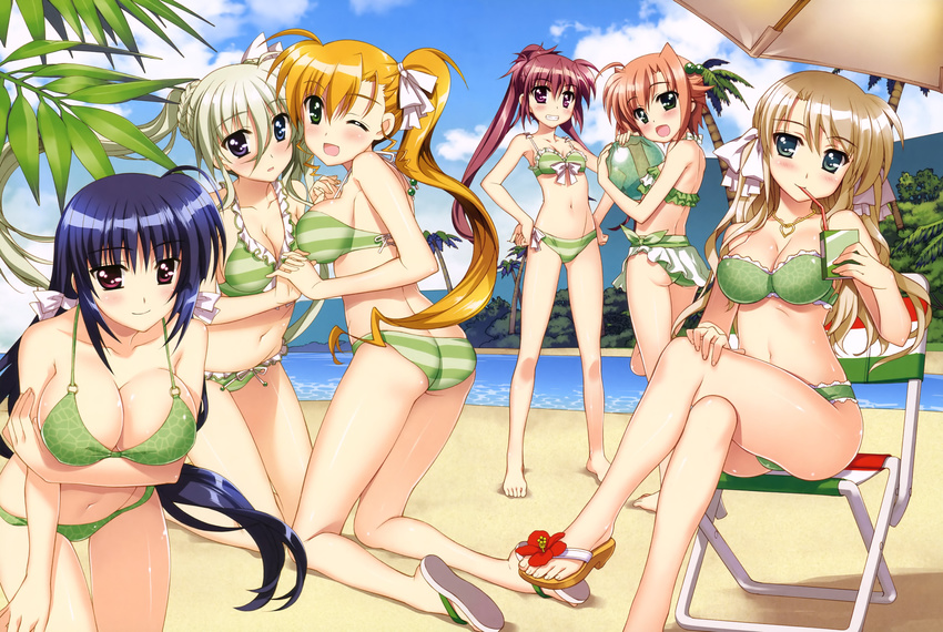 beach bikini breasts cleavage drink einhart_stratos fujima_takuya harry_tribeca mahou_shoujo_lyrical_nanoha mahou_shoujo_lyrical_nanoha_vivid micaiah_chevelle miura_rinaldi scan swimsuit victoria_dahlgren vivio wink