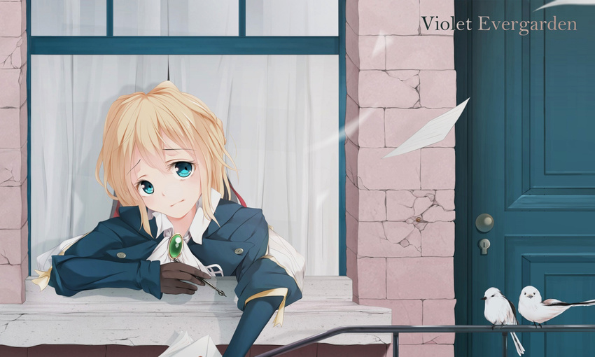 :| an-telin animal bad_id bad_pixiv_id bird blonde_hair blue_eyes brooch closed_mouth female flying_paper gem gloves green_gemstone highres jewelry long-tailed_tit looking_at_viewer open_window paper photoshop_(medium) short_hair solo through_window tit_(bird) violet_evergarden violet_evergarden_(series) white_bird window worried