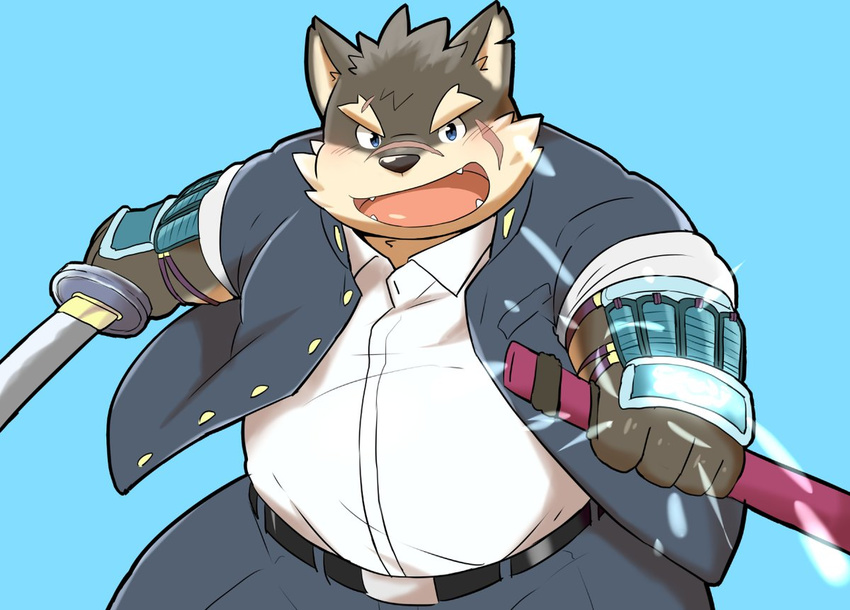 12beat13 anthro armor asian_sword black_nose blue_background blue_eyes bracers canid canine canis clothed clothing domestic_dog front_view fully_clothed glowing holding_melee_weapon holding_object holding_sword holding_weapon jacket kemono lifewonders looking_at_viewer male mammal melee_weapon moritaka_(tas) ninjato notched_ear open_mouth open_smile overweight overweight_anthro overweight_male scabbard scar shirt shirt_paunch simple_background smile solo sword tokyo_afterschool_summoners tongue topwear weapon