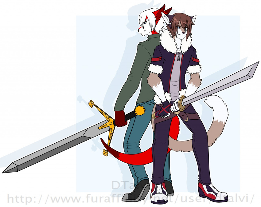 anthro asian_sword brown_hair canid canine claymore clothed clothing dtalvi duo felid footwear fox fur hair looking_at_viewer male mammal melee_weapon ninjato shoes smile sneakers standing sword two_handed_sword watermark weapon white_hair