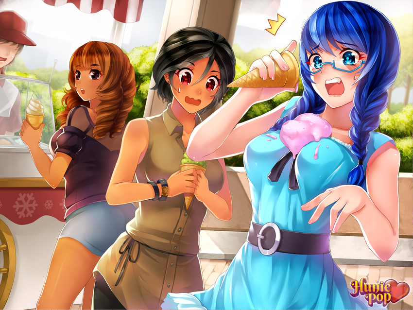 beli_lapran black_hair blue_eyes blue_hair blush brown_hair dark_skin glasses hunie_pop kaskia logo lola_rembrite long_hair nikki_ann-marie red_eyes short_hair