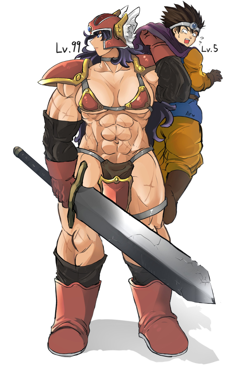 1boy abs absurdres armor arumi_hii biceps bikini_armor boots breasts cape cape_grab clothes_grab dragon_quest dragon_quest_iii female gloves greatsword helmet hero_(dq3) highres holding holding_sword holding_weapon lifting_person looking_to_the_side muscular muscular_female pelvic_curtain purple_hair soldier_(dq3) sword tall_female weapon winged_helmet