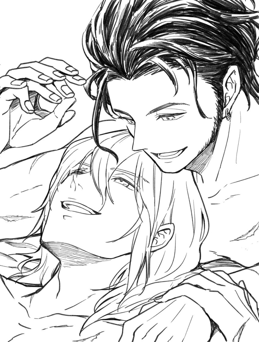 2boys arm_up beard claude_von_riegan collarbone commentary_request couple dimitri_alexandre_blaiddyd ear_piercing earrings eye_contact eye_injury facial_hair fire_emblem fire_emblem:_three_houses greyscale hair_behind_ear hair_between_eyes hair_slicked_back hand_on_another's_wrist happy highres holding_hands jewelry looking_at_another lower_teeth_only male_focus medium_hair monochrome multiple_boys nude one_eye_closed open_mouth piercing scar scar_across_eye scar_on_arm scar_on_chest scar_on_face simple_background smile su-gu-ru teeth upper_teeth_only white_background yaoi