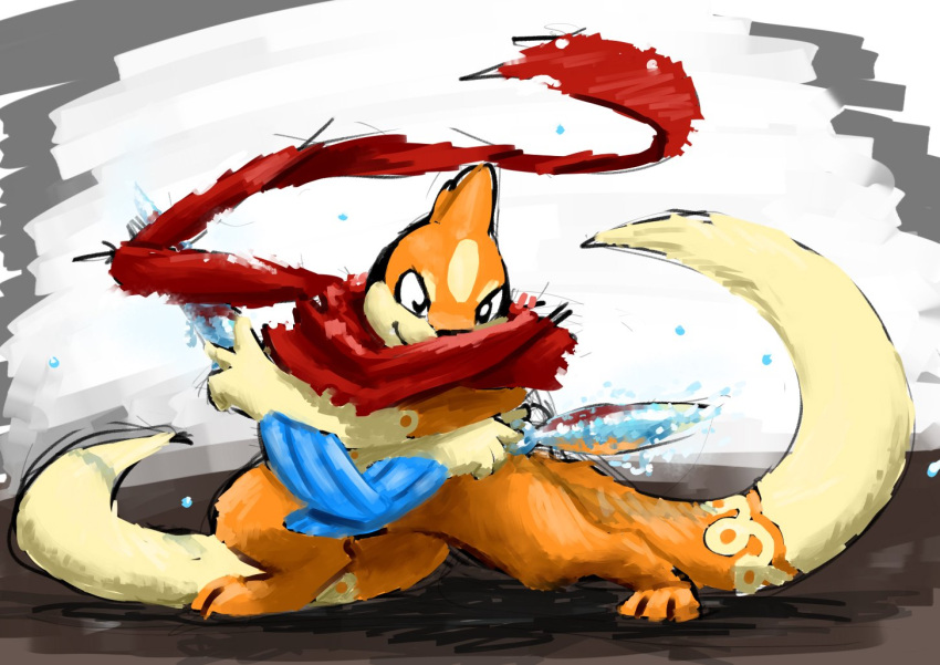 2018 black_nose crossed_arms digital_drawing_(artwork) digital_media_(artwork) dipstick_tail feral floatzel generation_4_pokemon male markings nintendo oliver_(raster_dreams) orange_body orange_tail pokemon pokemon_(species) raster_dreams scarf smile solo spread_legs spreading standing tail tail_markings white_tail_tip