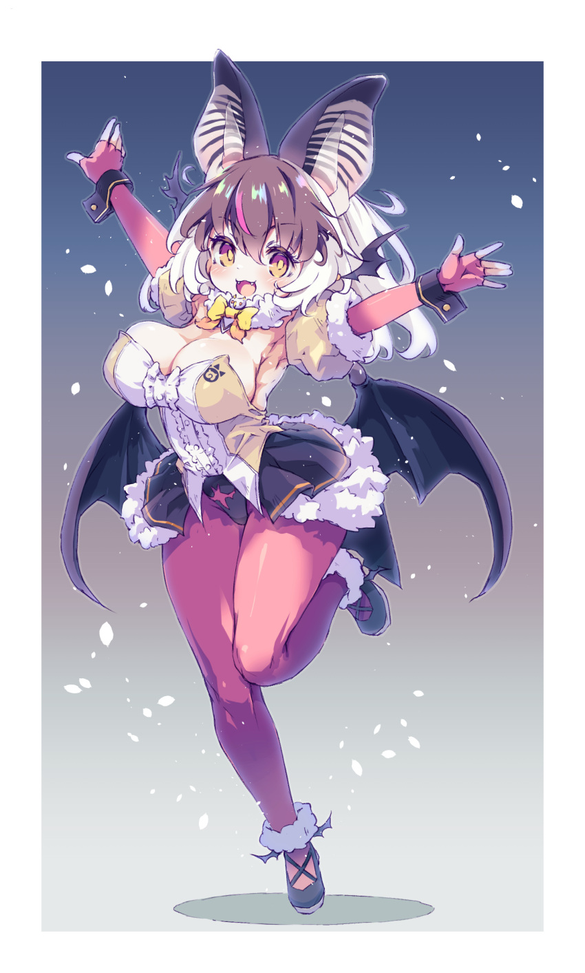 animal_ears armpits arms_up bat_ears bat_girl bat_wings breasts brown_eyes brown_hair brown_long-eared_bat_(kemono_friends) cleavage elbow_gloves extra_ears female fingerless_gloves full_body gloves grey_hair highres japari_symbol kemono_friends kemono_friends_v_project kolshica large_breasts leotard long_hair looking_at_viewer microphone pantyhose shoes simple_background skirt solo virtual_youtuber wings