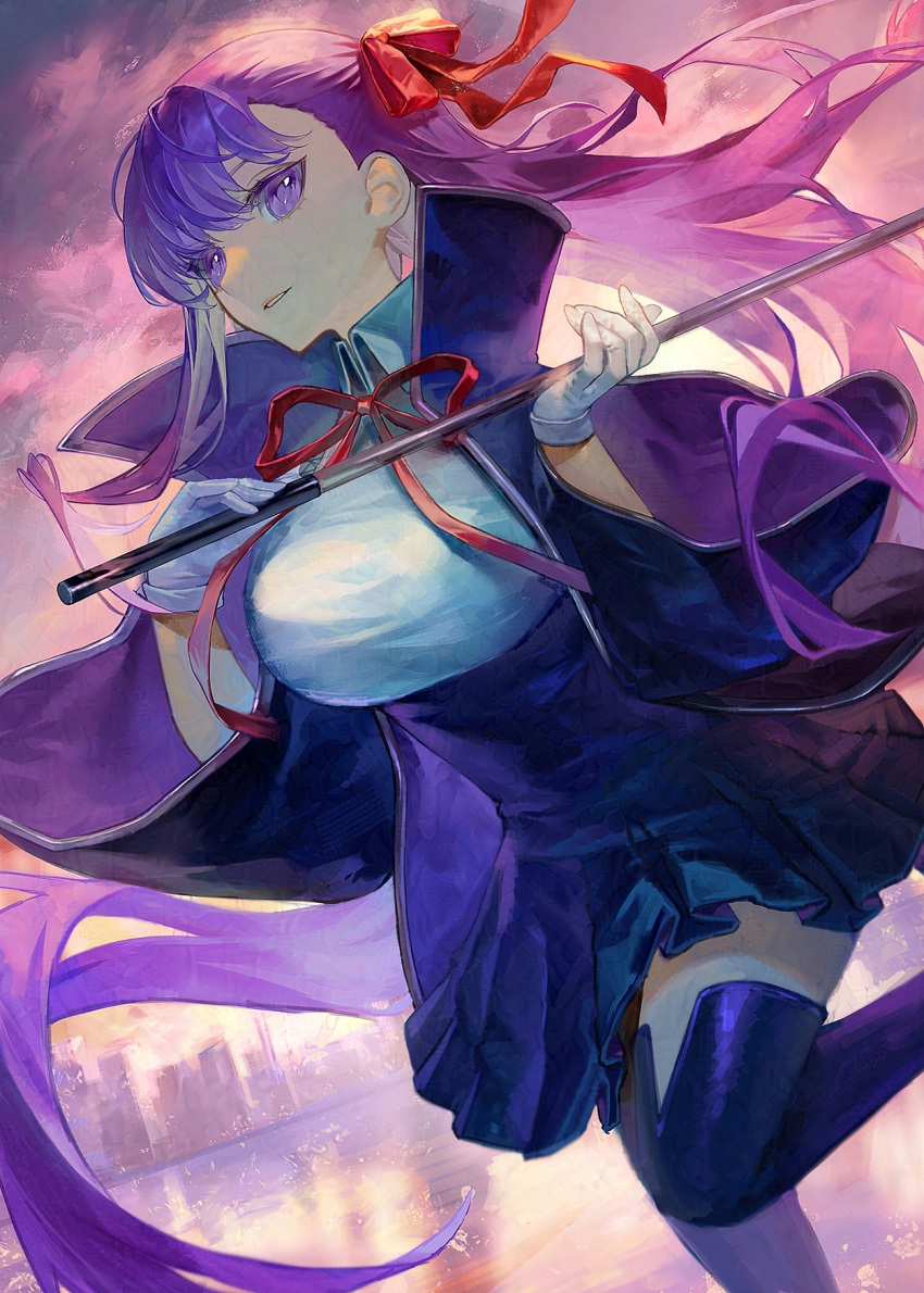 bb_(fate) bb_(fate/extra) black_coat breasts coat daeraeband fate/extra fate/extra_ccc fate/grand_order fate_(series) female gloves hair_ribbon high-waist_skirt highres large_breasts long_hair long_sleeves looking_at_viewer neck_ribbon popped_collar purple_eyes purple_hair red_ribbon ribbon skirt smile solo thighhighs very_long_hair white_gloves