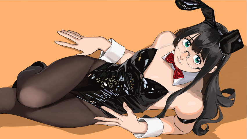 animal_ears bare_shoulders black_hair black_leotard bow bowtie breasts cleavage covered_navel detached_collar fake_animal_ears female glasses hairband highres kantai_collection leotard long_hair looking_at_viewer lying ojipon ooyodo_(kancolle) pantyhose playboy_bunny rabbit_ears smile solo strapless strapless_leotard wrist_cuffs yellow_background