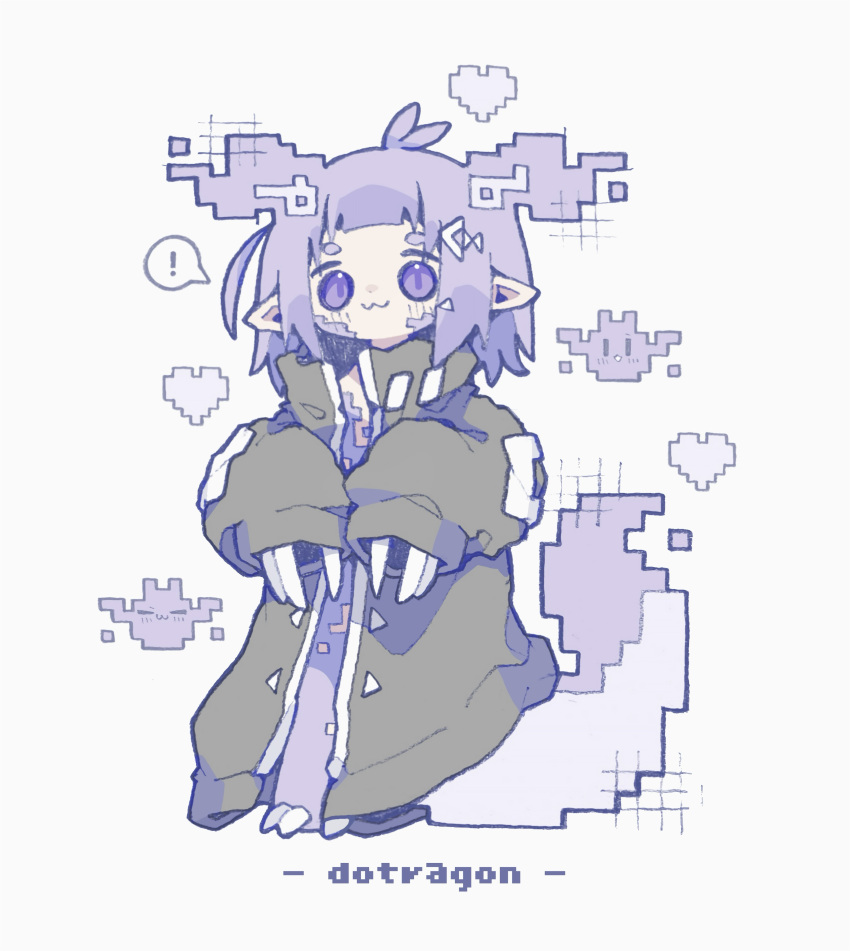 ! :3 absurdres animal_feet antenna_hair bad_id bad_twitter_id claws coat commentary deformed dot_nose female full_body green_coat hands_up heart highres horns long_sleeves looking_at_viewer medium_hair nikamoka no_sclera open_clothes open_coat original pixelated pointy_ears purple_eyes purple_hair simple_background sleeves_past_wrists solo speech_bubble spoken_exclamation_mark standing tail white_background