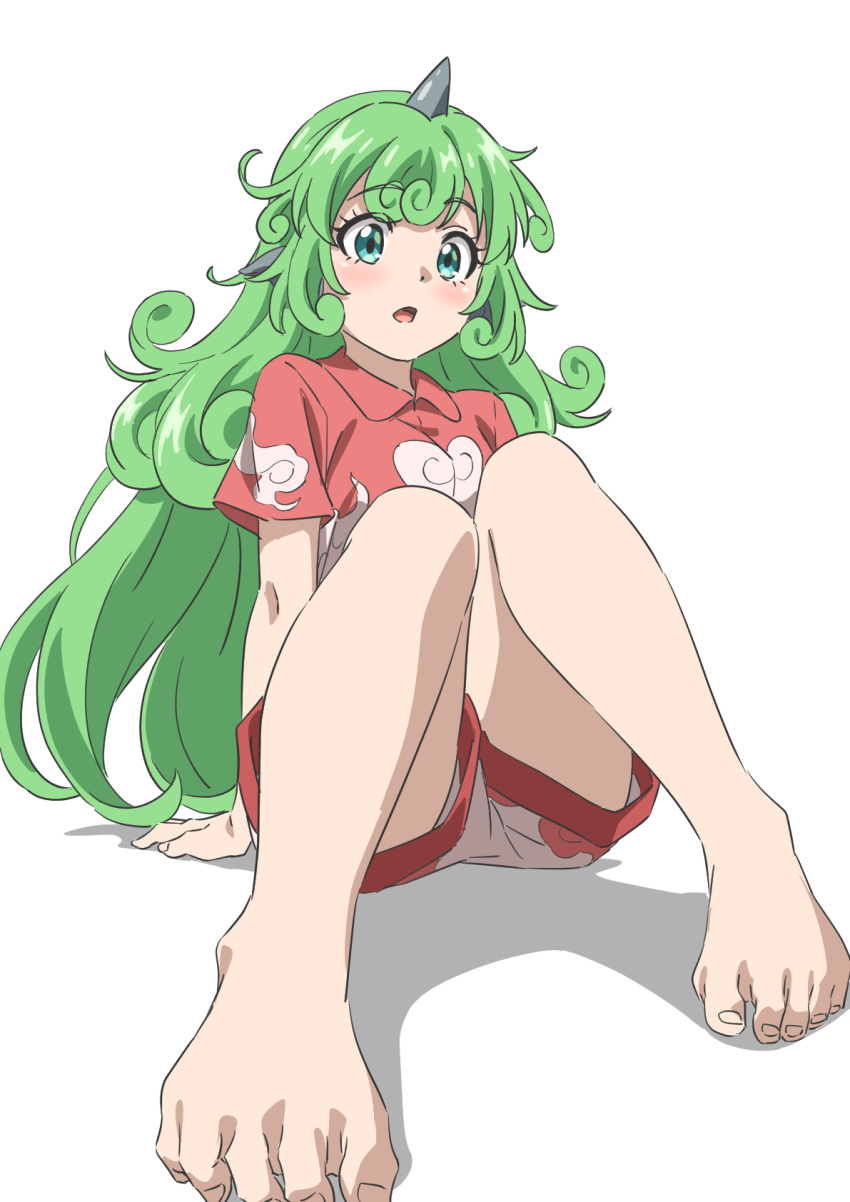 aqua_eyes arm_support bare_arms bare_legs barefoot cloud_print collared_shirt commentary curly_hair feet female foot_focus full_body green_hair gyouza_(mhea5724) highres horns kariyushi_shirt komainu_ears komano_aunn light_blush long_hair looking_ahead open_mouth red_shirt red_trim shadow shirt short_sleeves shorts simple_background single_horn sitting solo toes touhou very_long_hair white_background