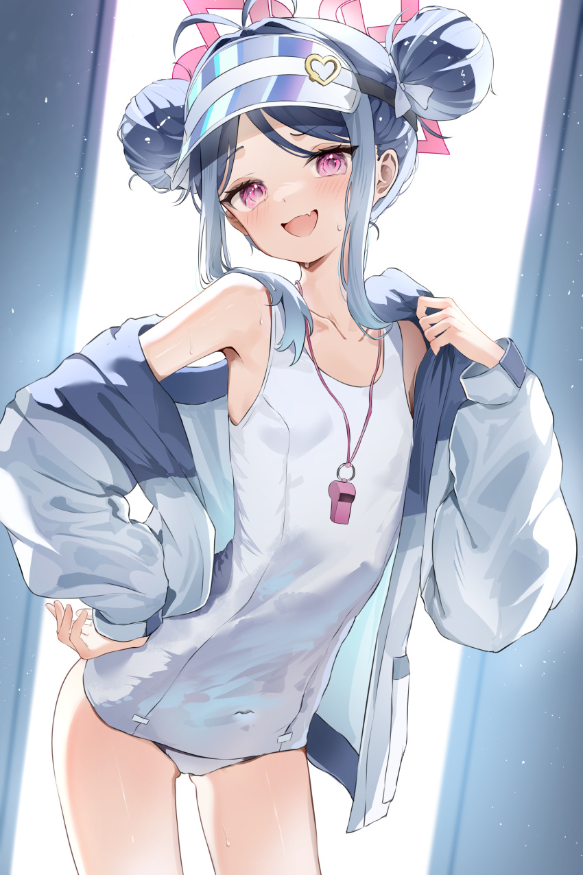 absurdres antenna_hair armpits bare_legs blue_archive blue_hair blush breasts collarbone covered_navel double_bun female fubuki_(blue_archive) fubuki_(swimsuit)_(blue_archive) hair_bun halo highres jacket jacket_partially_removed looking_at_viewer multicolored_clothes multicolored_jacket oerba_yun_fang official_alternate_costume one-piece_swimsuit pink_eyes school_swimsuit sidelocks skin_fang small_breasts smile solo swimsuit two-tone_jacket umou_(umouawa) visor_cap whistle whistle_around_neck white_one-piece_swimsuit