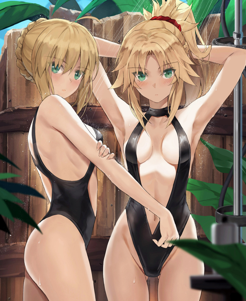 2girls armpits arms_up artoria_pendragon_(fate) ass_visible_through_thighs bare_shoulders black_one-piece_swimsuit blonde_hair blush braid breasts center_opening closed_mouth crown_braid eyes_visible_through_hair fate/grand_order fate/stay_night fate_(series) green_eyes halterneck highleg highleg_one-piece_swimsuit highres looking_at_viewer medium_hair mordred_(fate) mother_and_daughter multiple_girls navel official_alternate_costume one-piece_swimsuit outdoors ponytail saber_(fate) shared_bathing short_hair short_ponytail showering small_breasts swimsuit thighs tonee