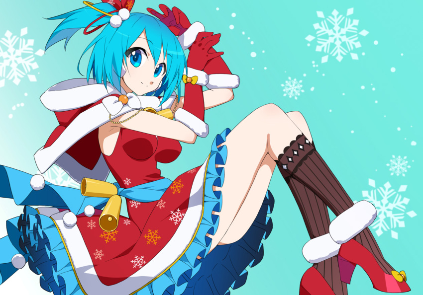 android blue_eyes blue_hair breasts christmas dress female headphones impossible_clothes kaidou_zx large_breasts looking_at_viewer mega_man_(series) mega_man_x_(series) mega_man_x_dive official_alternate_costume one_side_up red_dress revision rico_(mega_man) santa_dress smile solo