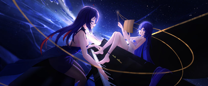 2girls absurdres alternate_costume anklet bare_arms bare_legs barefoot black_dress black_hair black_leggings black_pantyhose blue_eyes blue_hair breasts character_name closed_eyes cloud conductor_baton dress flower grand_piano highres honkai_(series) honkai_impact_3rd instrument jewelry leggings long_hair multicolored_hair multiple_girls music night night_sky open_mouth pantyhose piano playing_instrument playing_piano reading red_hair seele_(alter_ego) seele_vollerei seele_vollerei_(herrscher_of_rebirth) seele_vollerei_(starchasm_nyx) sideboob singing sitting sky star_(sky) starry_sky very_long_hair white_dress