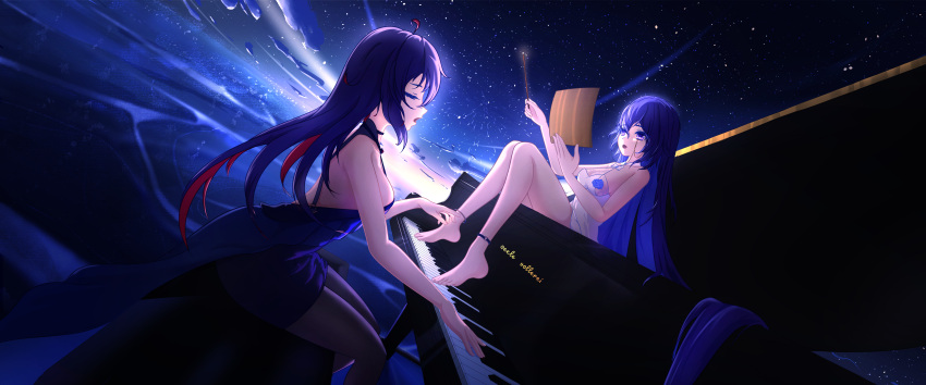 2girls absurdres alternate_costume anklet bare_arms bare_legs barefoot black_dress black_hair black_leggings black_pantyhose blue_eyes blue_hair breasts character_name closed_eyes cloud conductor_baton dress flower grand_piano highres honkai_(series) honkai_impact_3rd incredibly_absurdres instrument jewelry leggings long_hair multicolored_hair multiple_girls music night night_sky open_mouth pantyhose piano playing_instrument playing_piano reading red_hair seele_(alter_ego) seele_vollerei seele_vollerei_(herrscher_of_rebirth) seele_vollerei_(starchasm_nyx) sideboob singing sitting sky star_(sky) starry_sky very_long_hair white_dress