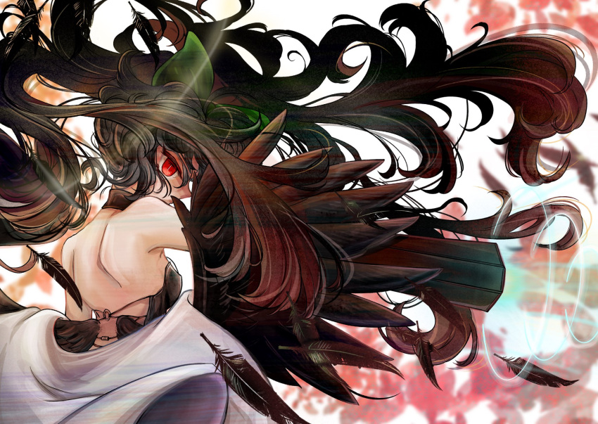 alternate_costume arm_cannon back backless_dress backless_outfit black_dress black_hair black_wings bow breasts cape commentary_request control_rod_(touhou) dress feathered_wings feathers female floating_hair from_behind green_bow hairbow highres kakigoori_(xm3lz) laser long_hair looking_at_viewer looking_back low_wings medium_breasts red_background red_eyes reiuji_utsuho slit_pupils solo touhou upper_body weapon white_cape wings